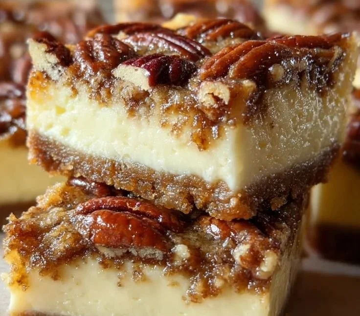 Delicious pecan pie cheesecake bars topped with caramel and pecans