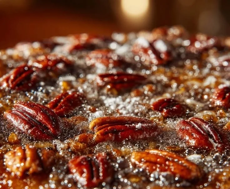 Delicious pecan pie dump cake on a festive table for the holidays