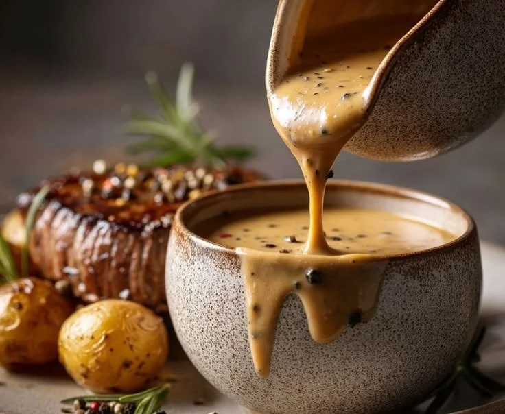 Delicious peppercorn sauce served with a juicy steak on a dinner plate