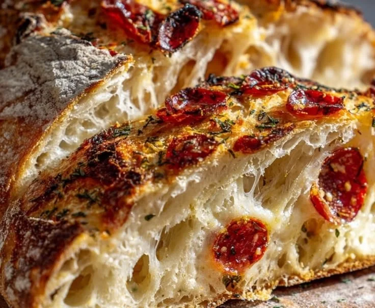 Slice of pepperoni pizza sourdough bread with cheese and pepperoni toppings