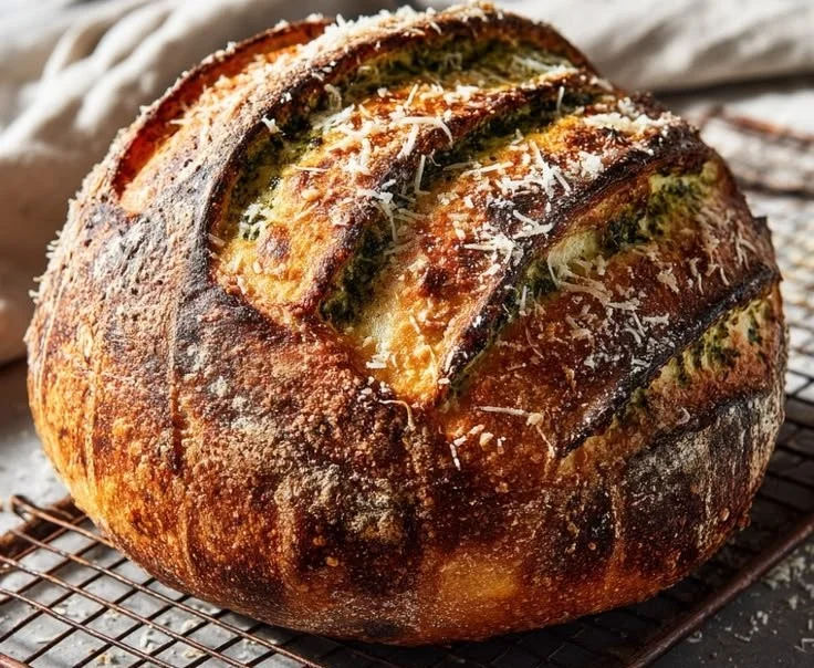 Freshly baked Pesto Parmesan Sourdough loaf with herbs and cheese