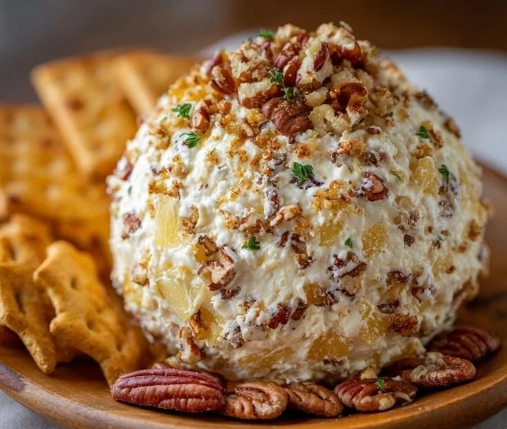 Pineapple Pecan Cheese Ball served with crackers and fresh fruit