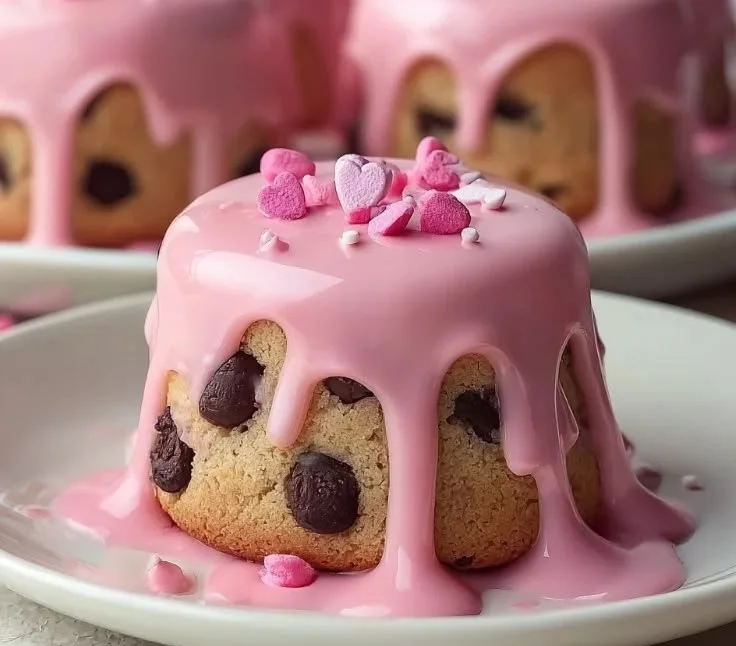 Pink cookie dough mini cakes with sprinkles on a white plate