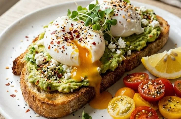 Delicious poached eggs on avocado toast plated for breakfast