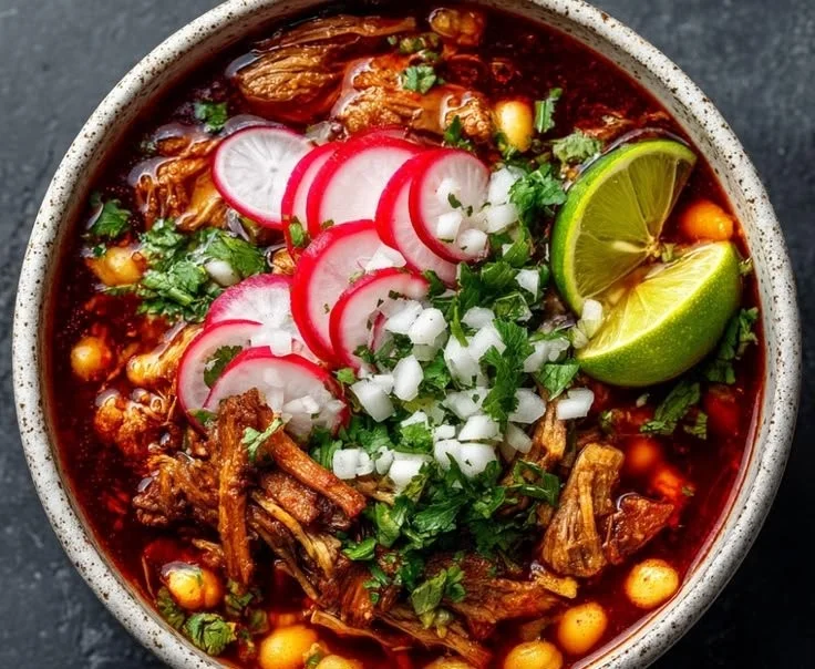 A bowl of authentic pozole rojo garnished with radishes and cabbage