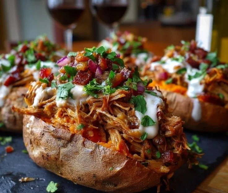 Pulled pork stuffed inside a sweet potato, garnished and ready to serve
