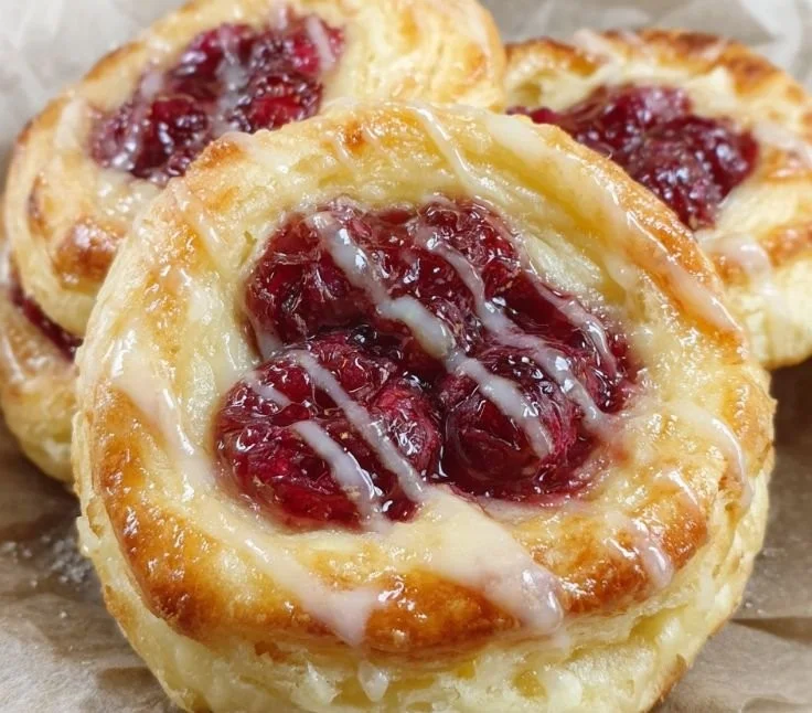 Delicious Raspberry Cheesecake Danish Pastry topped with fresh raspberries