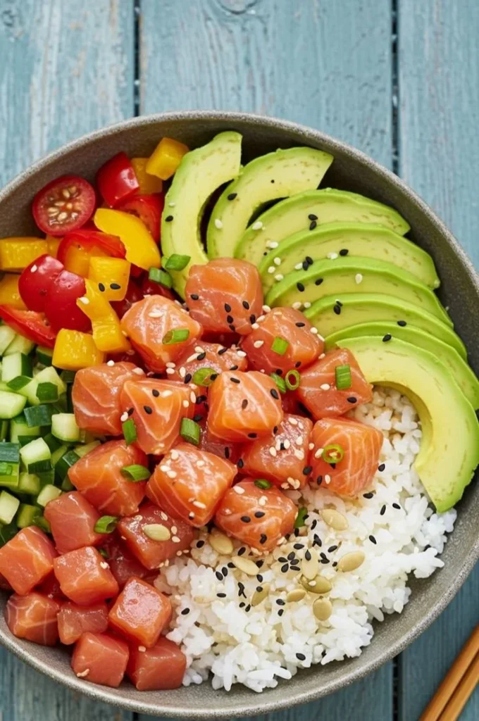 Salmon and Avocado Poke Bowl with fresh ingredients and toppings