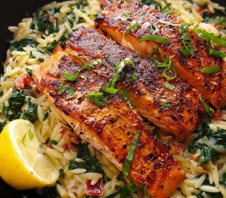 Delicious salmon orzo dish with fresh herbs and vegetables