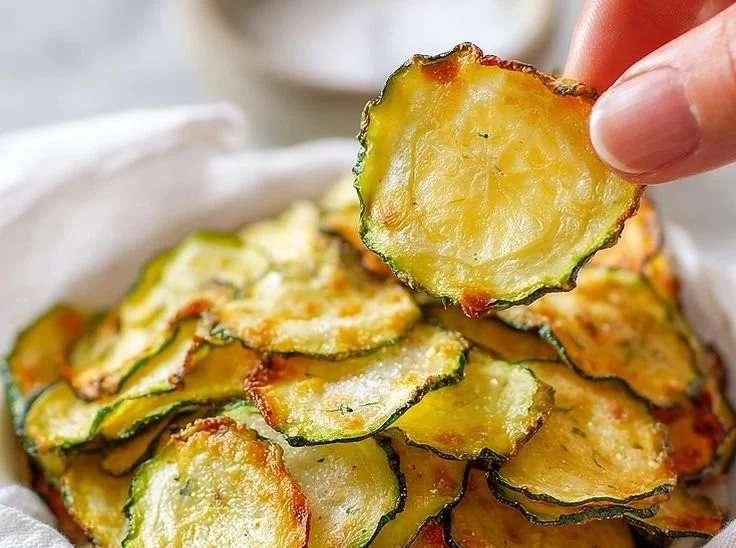 Baked salt and vinegar zucchini chips on a plate, a healthy snack option.