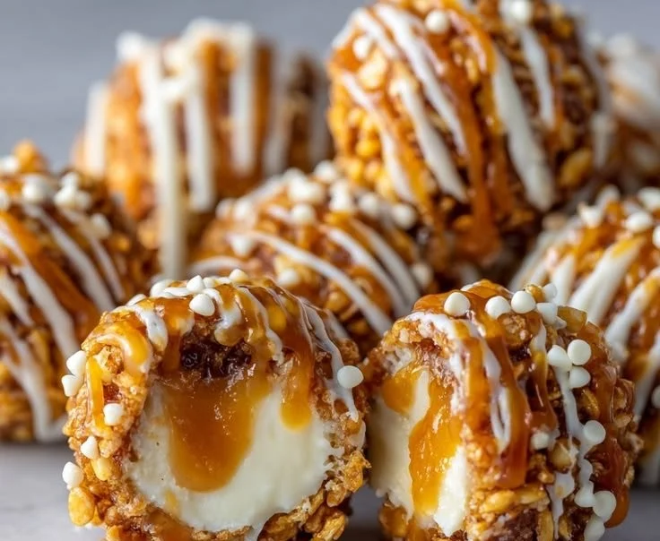 Salted caramel pretzel cheesecake balls on a plate, a delicious no-bake treat.
