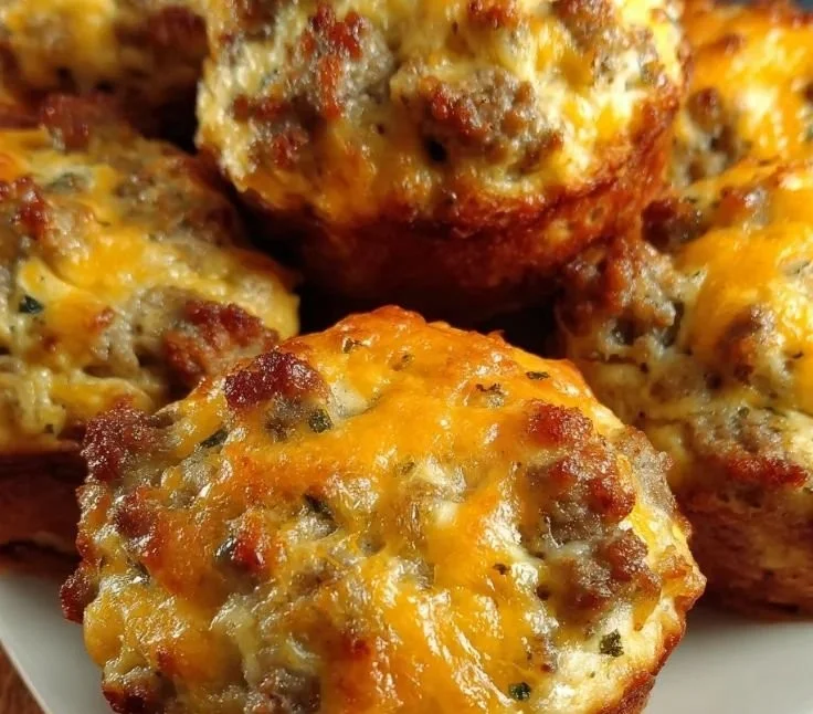 Homemade sausage breakfast muffins on a plate, perfect for a hearty morning meal.
