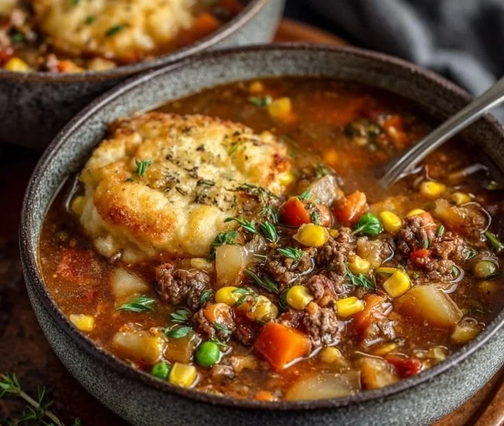 Bowl of Shepherd's Pie Soup topped with fresh herbs and a spoon.