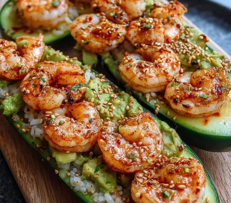Shrimp avocado cucumber boats served on a white plate garnished with herbs.