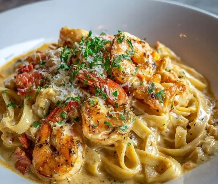 Shrimp and crab pasta dish with creamy Cajun sauce served in a bowl