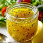 Simple lemon vinaigrette in a glass jar with fresh lemons and herbs