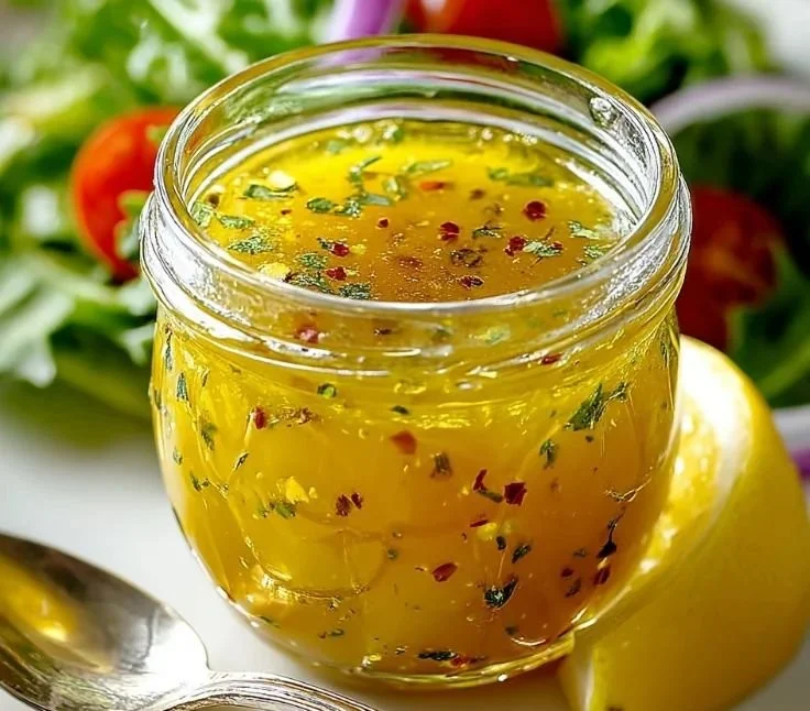 Simple lemon vinaigrette in a glass jar with fresh lemons and herbs