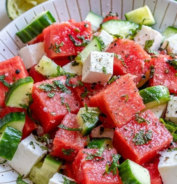 Colorful watermelon cucumber feta salad in a bowl, garnished with mint.