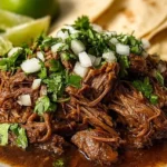 Delicious Slow Cooker Barbacoa served in tacos with fresh toppings