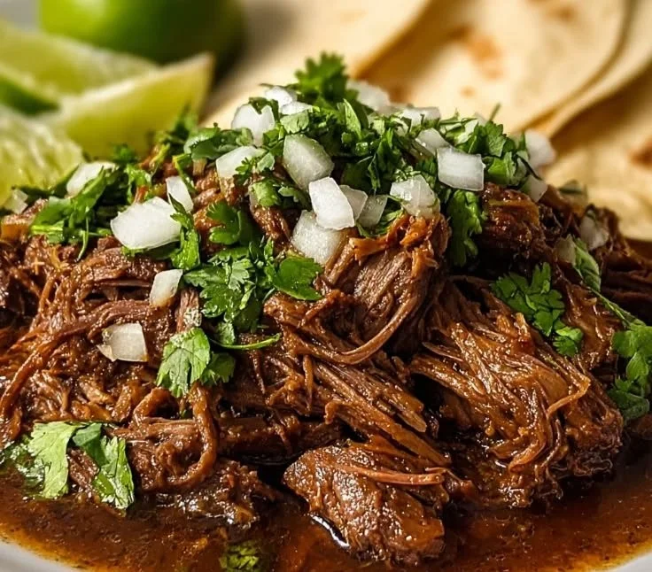 Delicious Slow Cooker Barbacoa served in tacos with fresh toppings