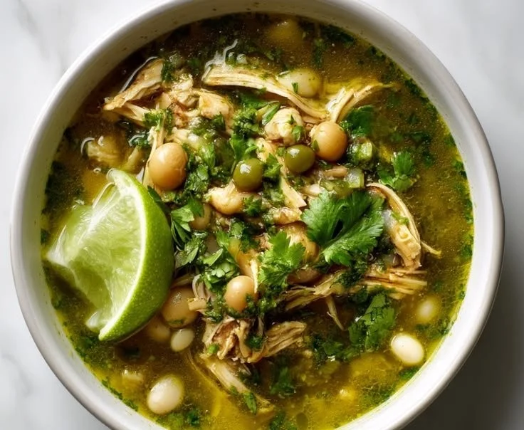 Bowl of Slow Cooker Chicken Posole Verde topped with fresh cilantro and lime