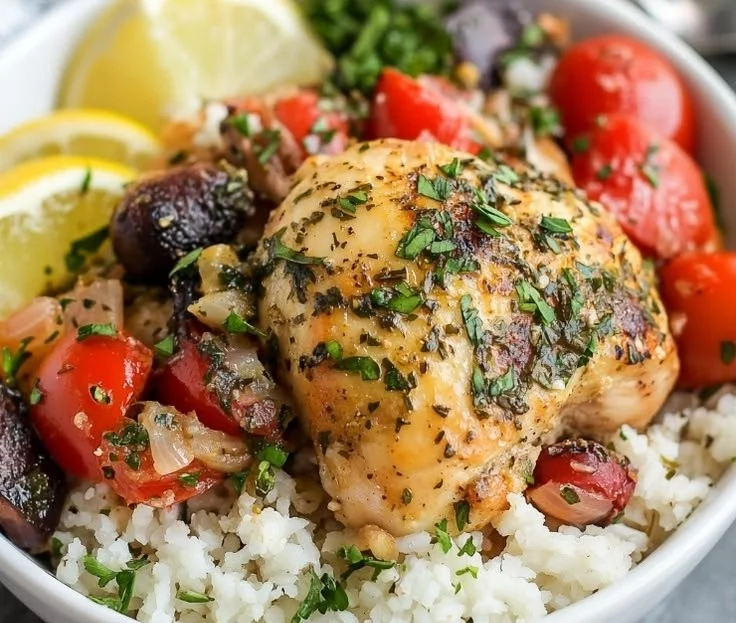 Healthy Slow Cooker Greek Chicken Recipe with herbs and vegetables