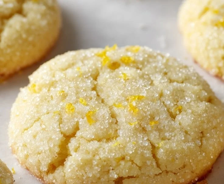 Soft baked lemon sugar cookies on a cooling rack