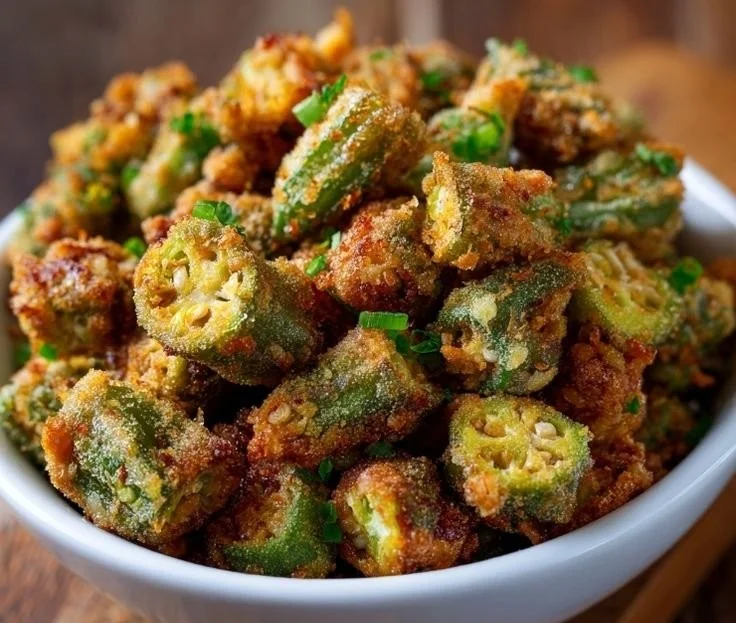 Delicious Southern Fried Okra served in a bowl, crispy and golden brown.