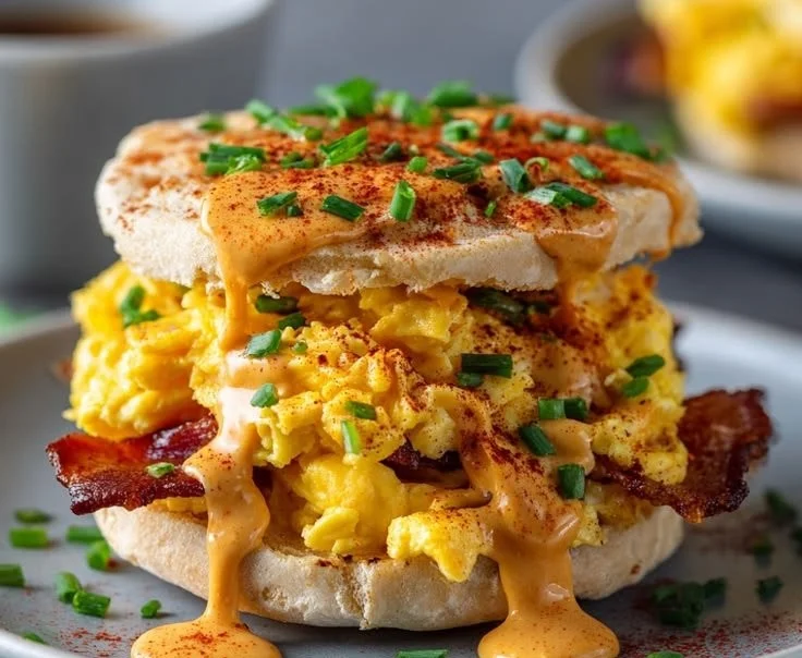 Delicious spicy chipotle egg breakfast sandwich ready to eat.