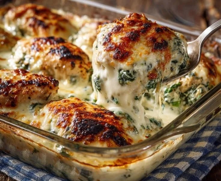 Creamy Spinach Artichoke Chicken Bake topped with cheese and herbs