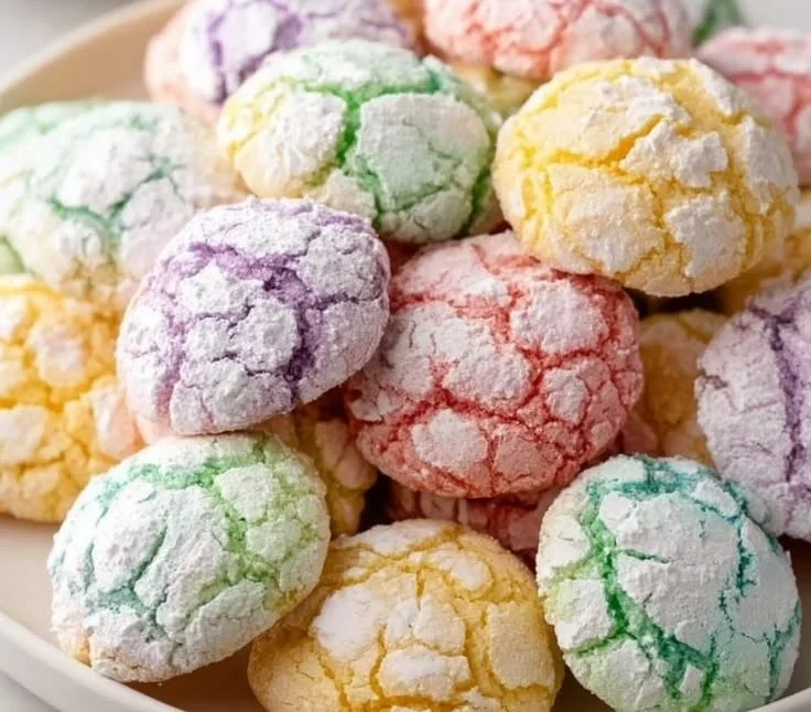 Colorful Springtime Crinkle Cookies dusted with powdered sugar on a plate