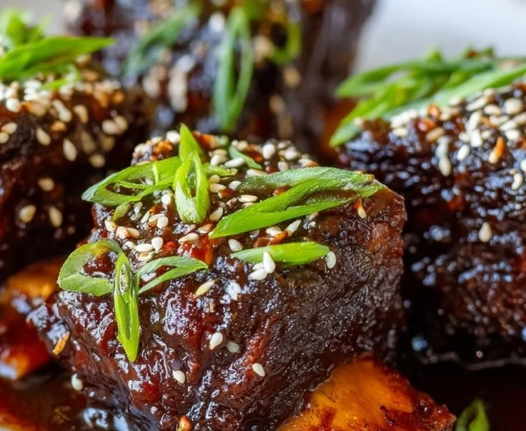 Delicious sticky caramelized Asian beef short ribs garnished and ready to serve