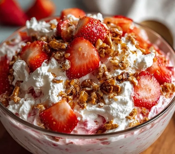 Colorful Strawberry Crackle Salad with fresh fruits and crunchy toppings.