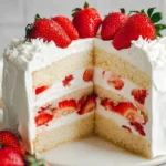 Slice of strawberry cream cake with fresh strawberries on top