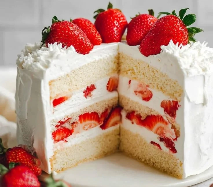 Slice of strawberry cream cake with fresh strawberries on top