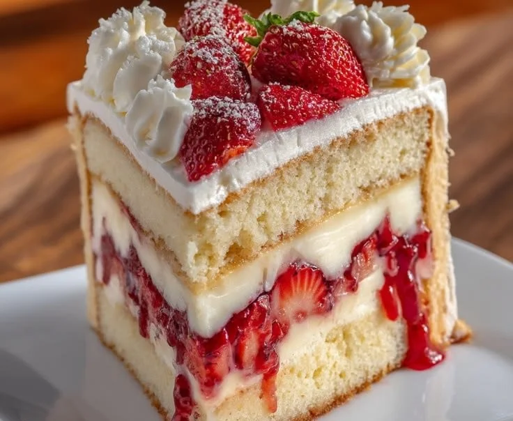 Delicious strawberry custard cake with fresh berries and creamy custard topping