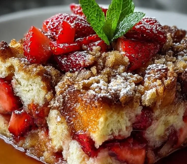 Strawberry French Toast Casserole ready to serve, topped with fresh strawberries