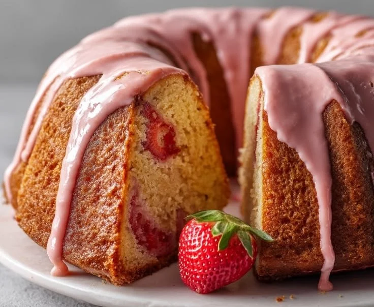 A slice of moist strawberry pound cake topped with fresh strawberries and whipped cream.