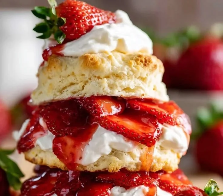 Delicious strawberry shortcake topped with fresh strawberries and whipped cream