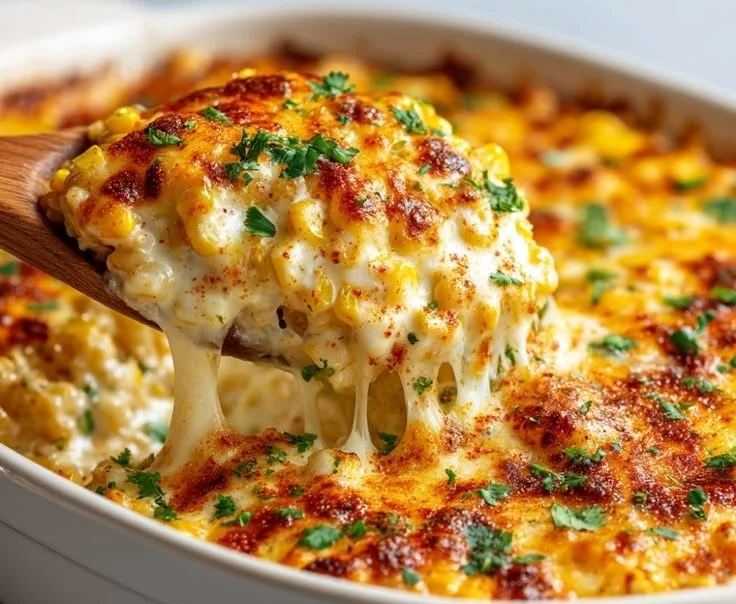 Delicious Street Corn Chicken Casserole topped with cheese and creamy goodness