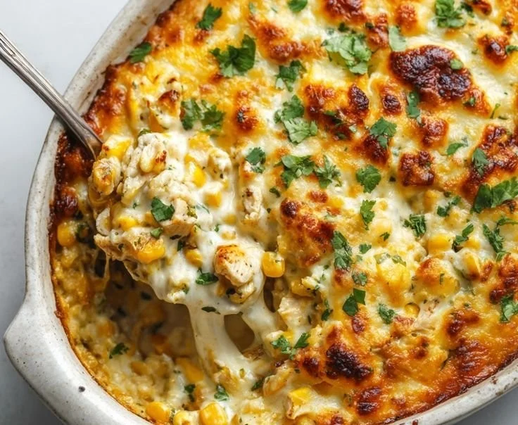 Creamy Street Corn Chicken Casserole topped with cheese and herbs