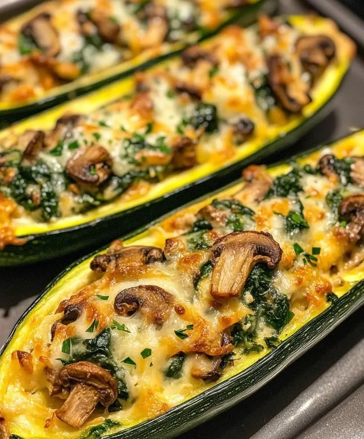 Stuffed zucchini boats filled with spinach, mushrooms, and ricotta cheese
