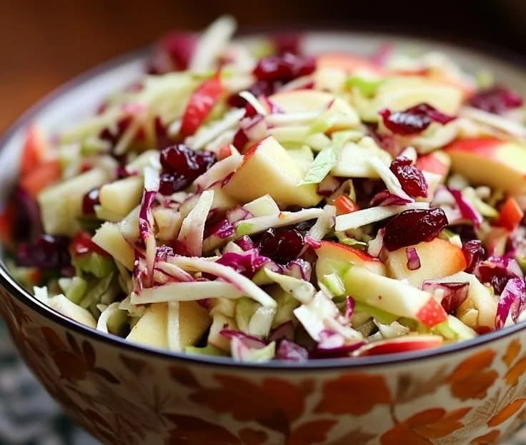 Sweet and tangy cranberry apple coleslaw in a bowl with fresh ingredients