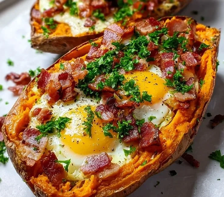 Sweet Potato Breakfast Boats topped with various healthy ingredients