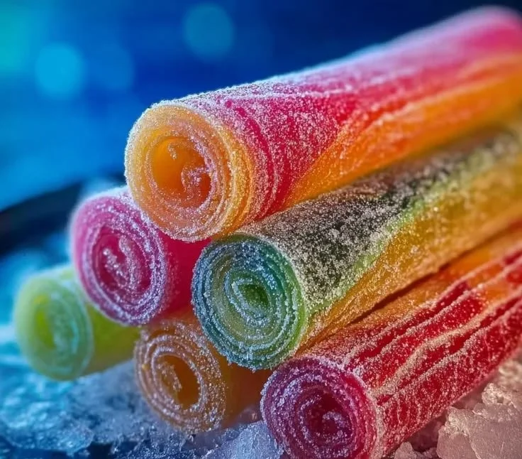 Colorful Sweet & Sour Vodka Rainbow Rollups served on a plate.