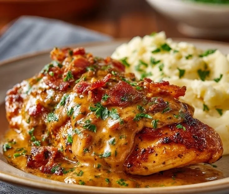 Pressure cooker Texas Roadhouse smothered chicken dish with toppings.