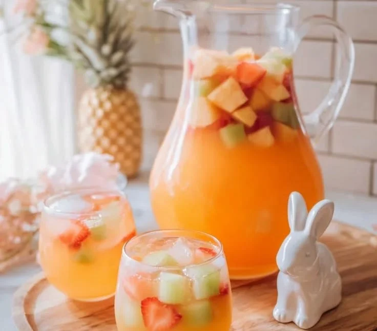 Delicious Easter punch served in a festive glass with colorful decorations.