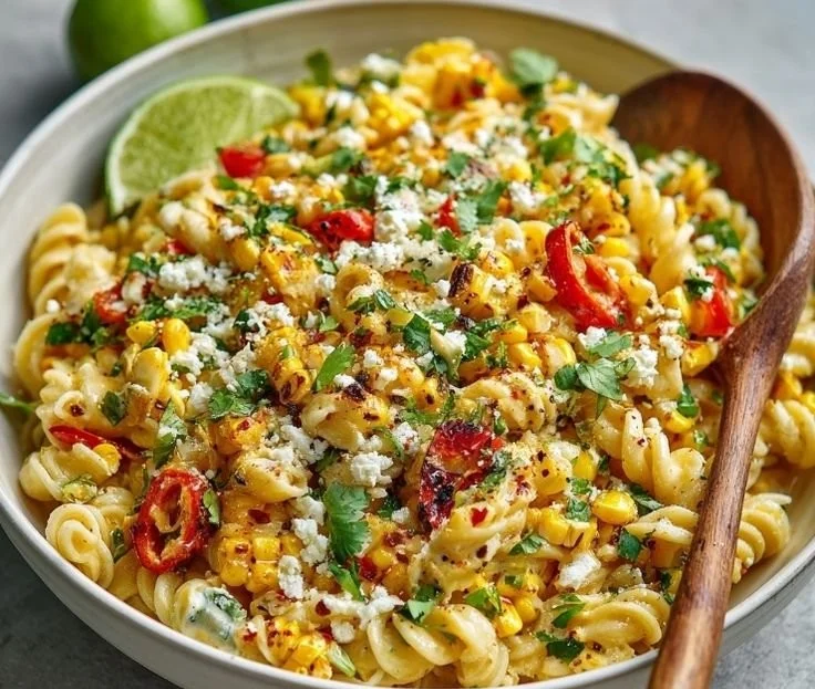 Delicious Mexican street corn pasta salad served in a bowl with vibrant toppings.