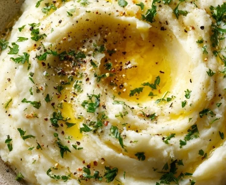 A bowl of creamy mashed potatoes topped with butter and herbs