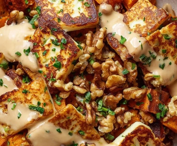 Delicious halloumi sweet potato bowl garnished with fresh herbs and vegetables.